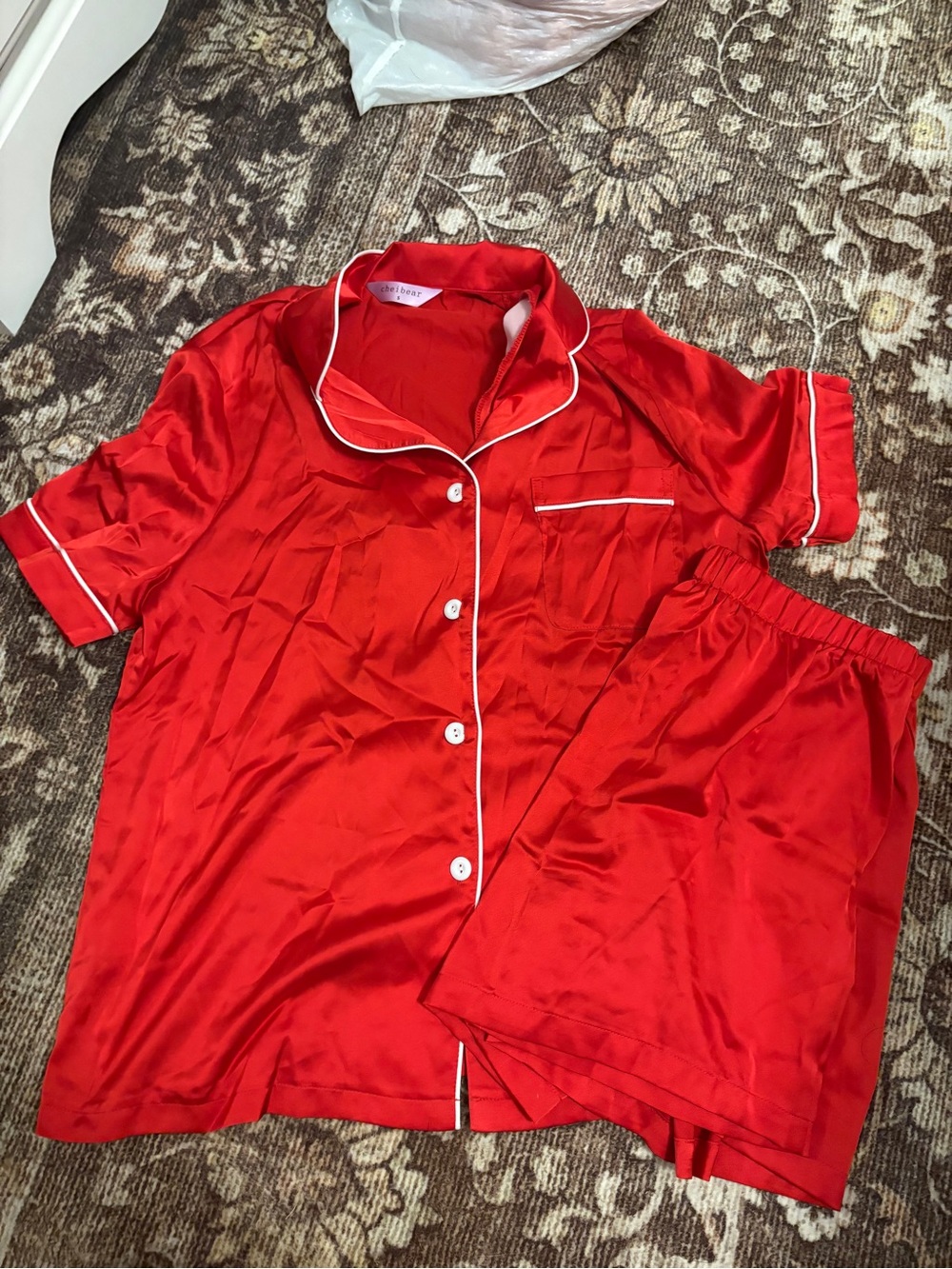 Red Satin Short-Sleeve Pajama Set with White Piping